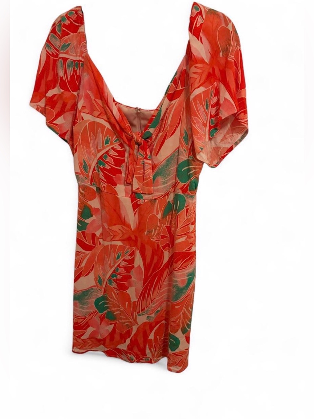 Gianni Bini Green/orange tropical leaf print mini dress with tie front detail